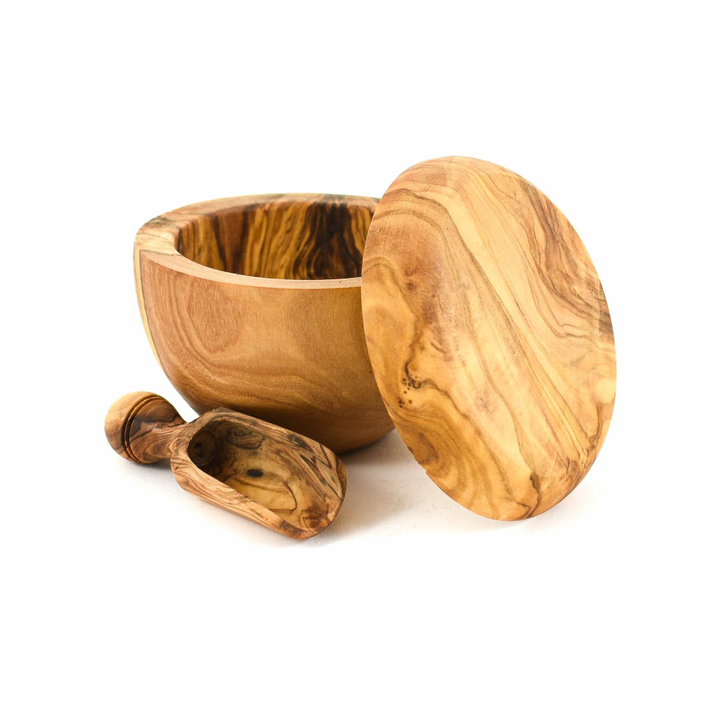 Olive Wood Salt Pot and Scoop Set lid off