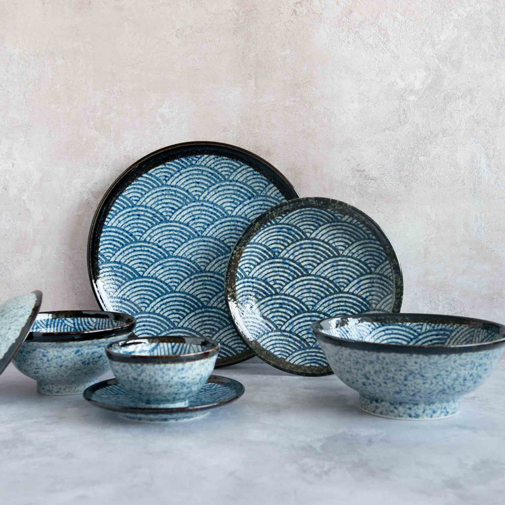 Kiji Stoneware & Ceramics Blue Wave Covered Bowl Tableware Japanese Tableware