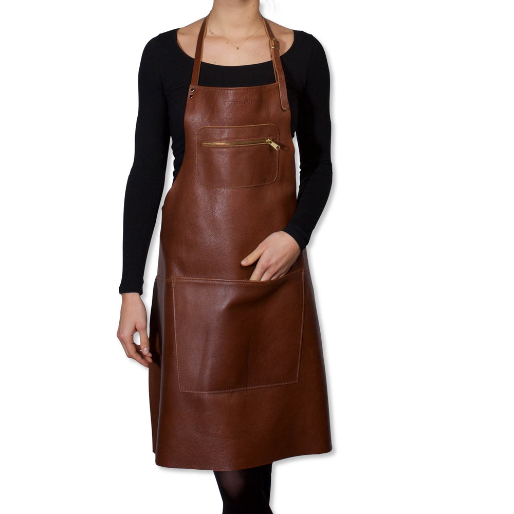 Dutchdeluxes Leather Zipper Apron in Classic Brown Cookware Kitchen Clothing